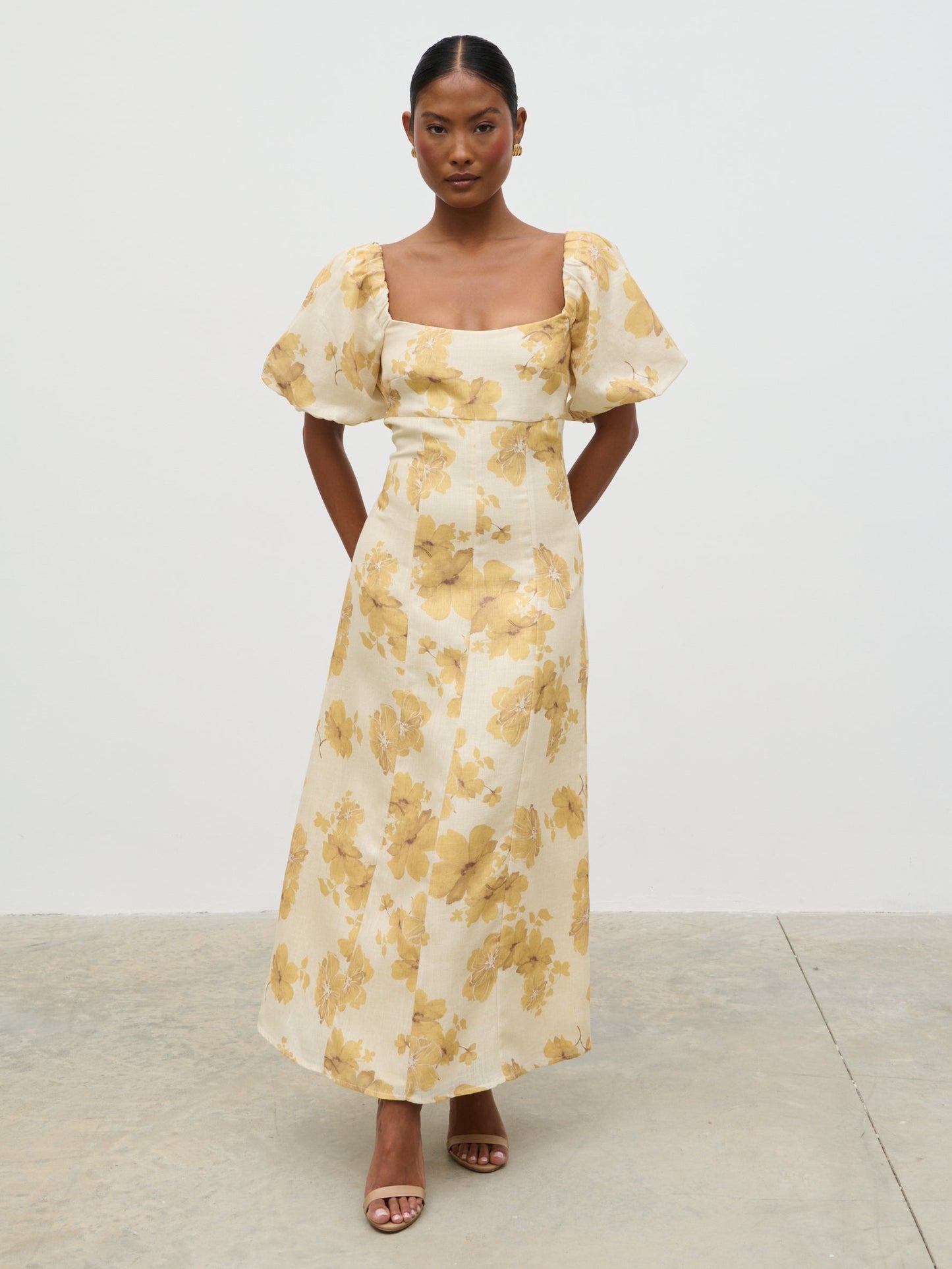 Bette Printed Puff Sleeve Midaxi Dress - Yellow Ochre Floral