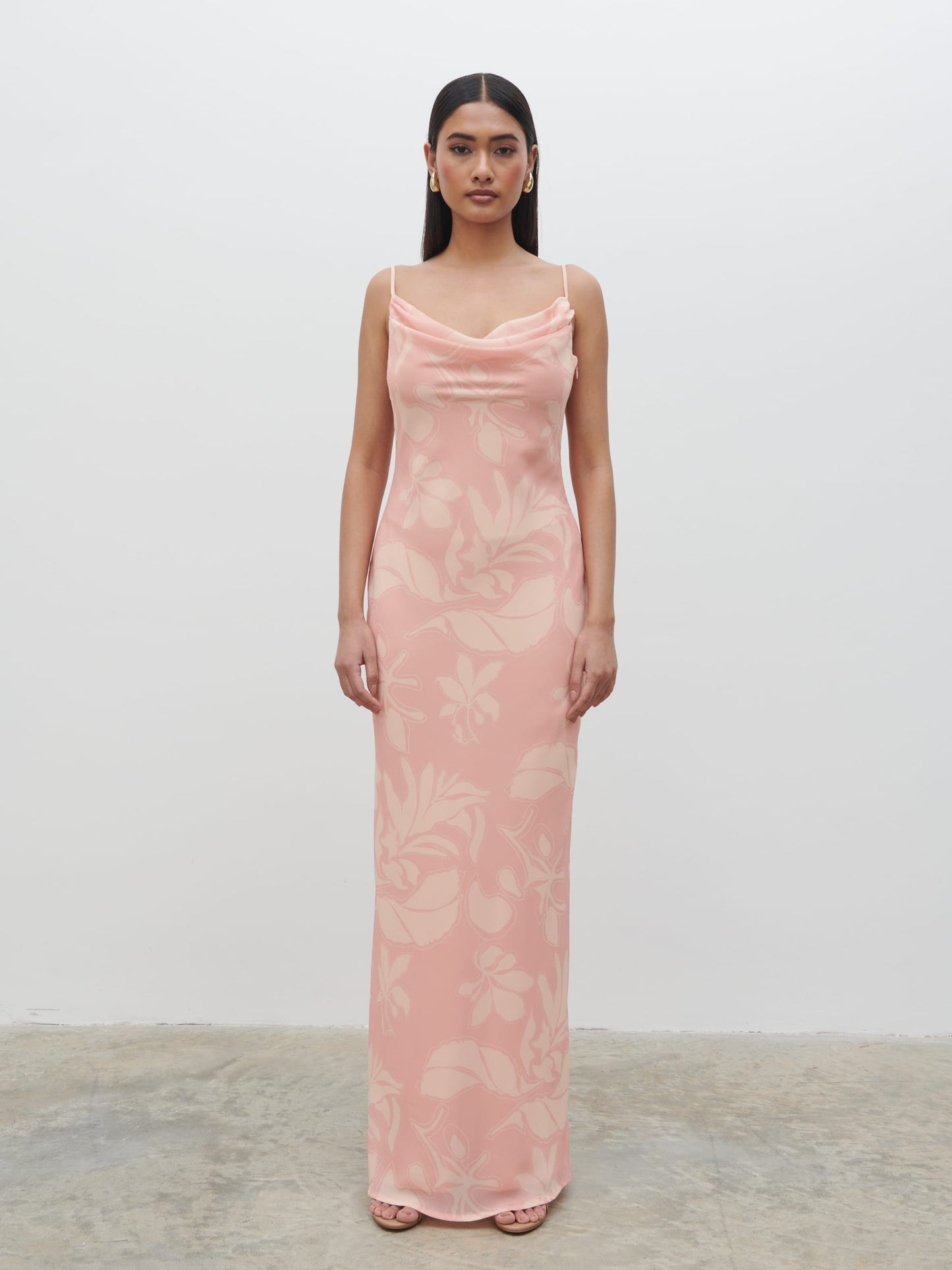 Keisha Ruched Chiffon Maxi Dress - Blush Abstract Leaf