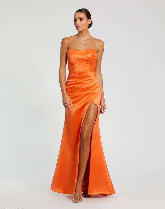 Orange Strapless Satin Gown With Slit