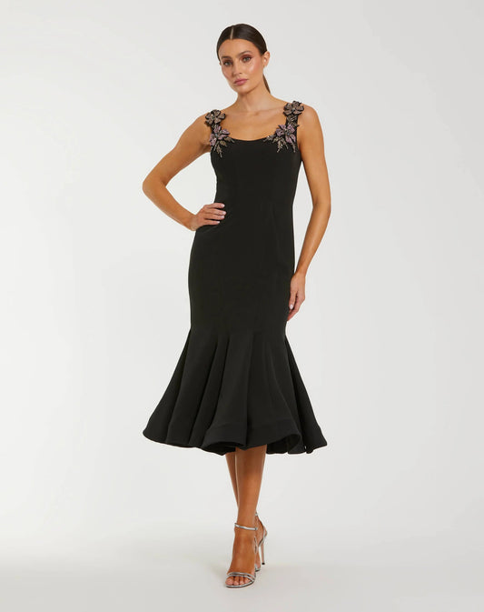 Black Sleeveless Midi Dress With Floral Embellishments