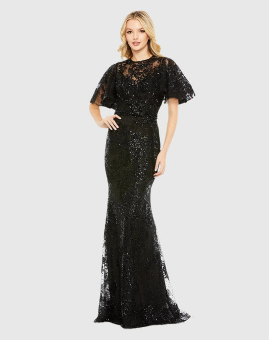 Black Embellished Flutter Sleeve High Neck Gown - FINAL SALE