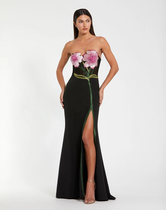 Black Strapless Embroidered Bustier Gown