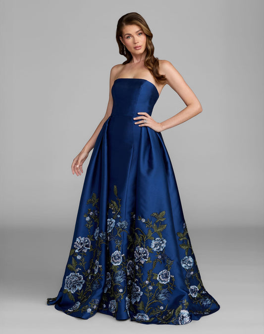 Blue Floral Embroidered Mikado Strapless Ball Gown