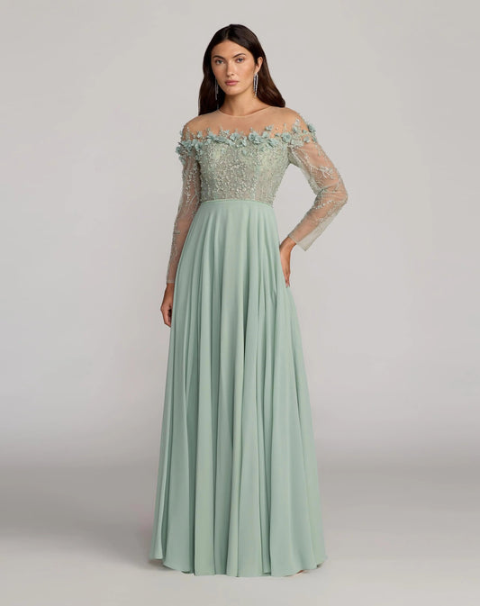 Green Embellished Off The Shoulder Gown With 3D Flowers