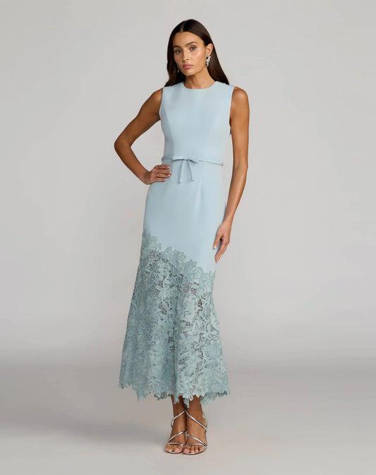 Blue Embroidered Hem Sleeveless Midi Dress with Bow