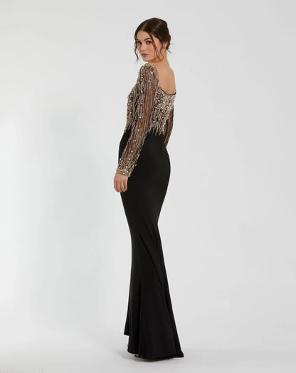 Black Beaded Square Neck Long Sleeve Jersey Gown