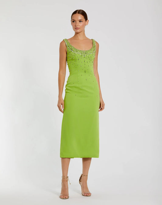 Green Beaded Crepe Scoop Neck Sleeveless Midi Dress