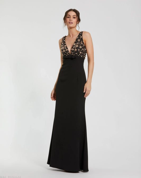 Black Sleeveless Embellished Crepe Gown With Bow