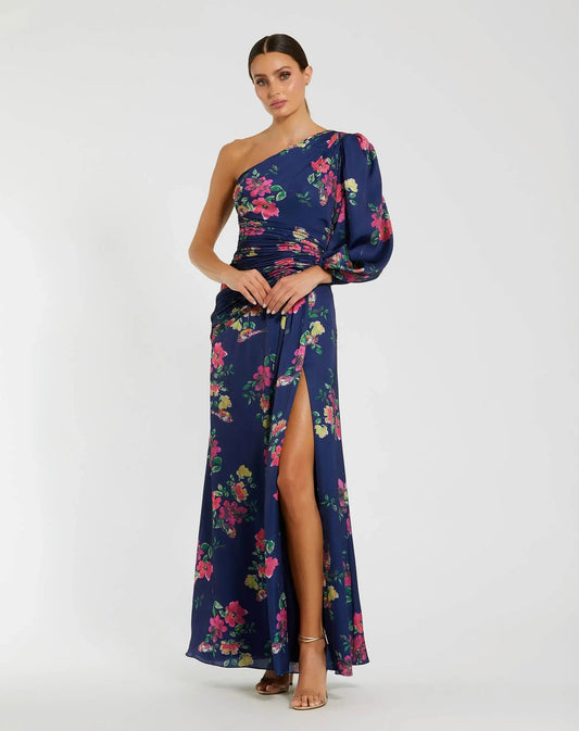 Navy Floral One Shoulder Charmeuse Gown With Slit