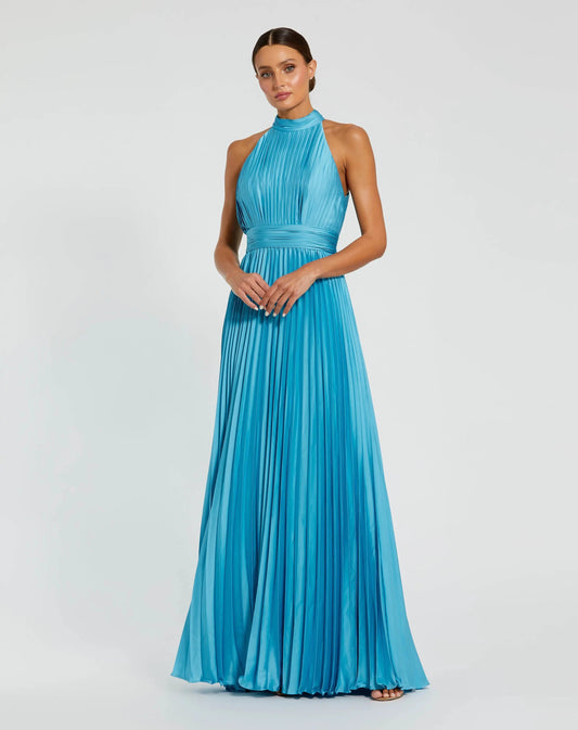 Blue Sleeveless Halter Neck Pleated Satin Gown