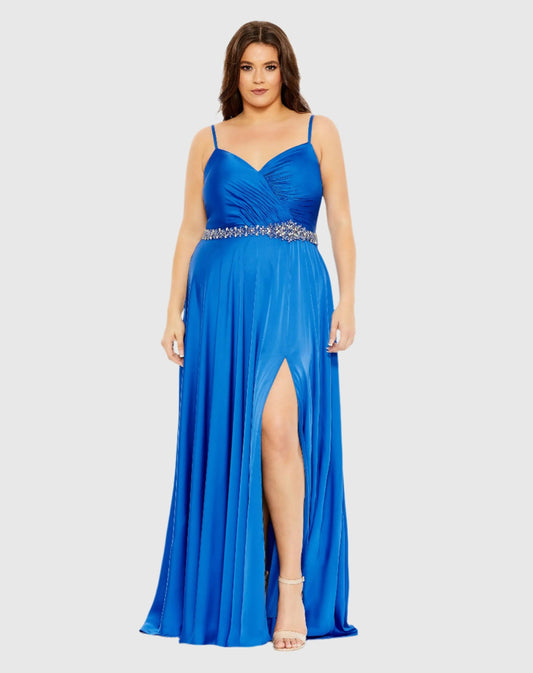 Blue Beaded Belt Faux Wrap A Line Gown (Plus) - FINAL SALE