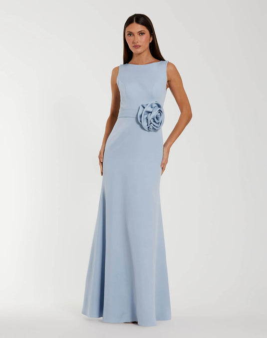 Boat Neck Crepe A Line Gown With Flower
