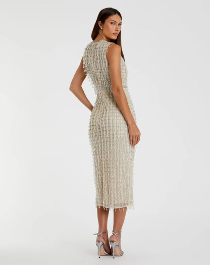 Beige Sleeveless High Neck Beaded Midi Sheath Dress
