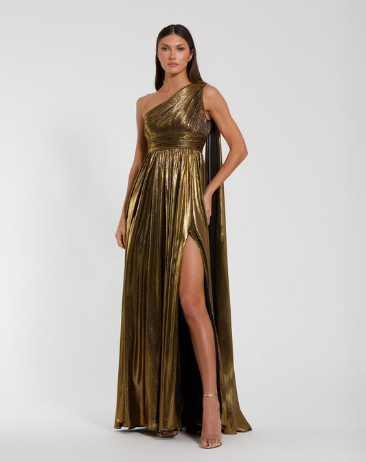Gold Metallic One Shoulder Gown With Slit