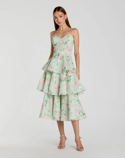 Green Floral Tiered Strapless Midi Dress