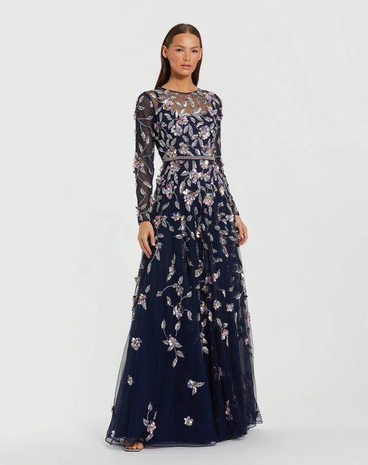 Navy Floral Embellished Evening Gown