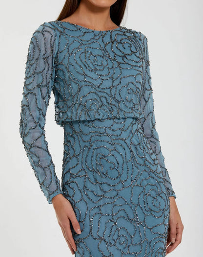 Blue Long Sleeve Beaded Blouson Gown
