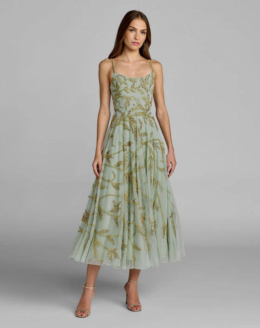 Green Floral Hand Beaded Midi Dress