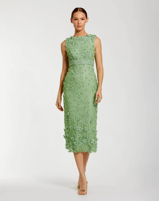 Green Floral Applique Sleeveless Midi Dress