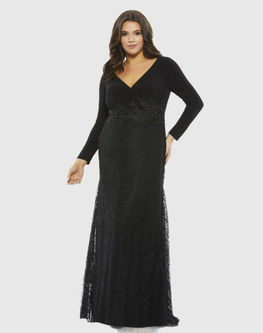 Black Wrap Over Long Sleeve Lace Applique Trumpet Gown (Plus)