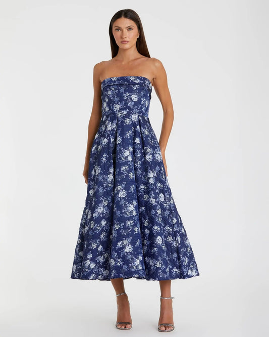 Blue Strapless Floral Brocade Midi Dress