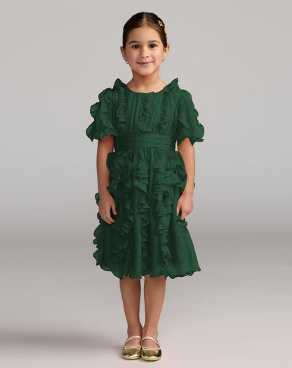 Girls Green Chiffon High Neck Ruffle Dress