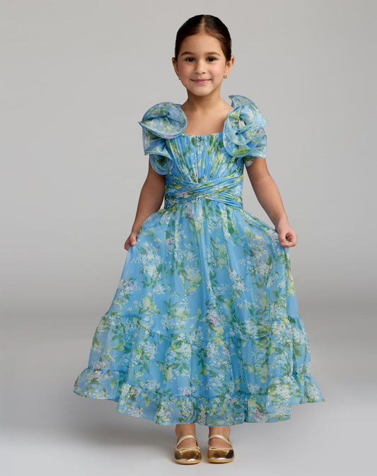 Girls Blue Floral Chiffon Ruffle Shoulder Dress