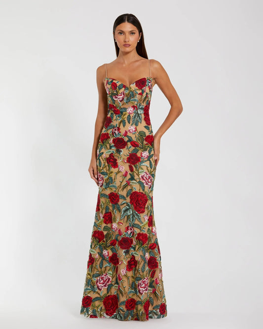 Beige Multicolor Embroidered Spaghetti Strap Floral Gown