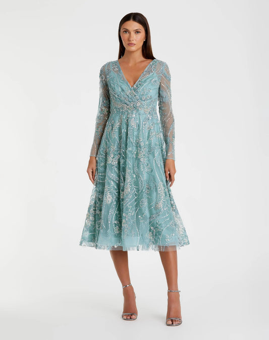 Blue Embellished Long Sleeve V-Neck Midi Dress
