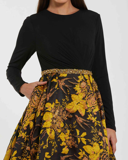 Black Long Sleeve Floral Brocade Ball Gown