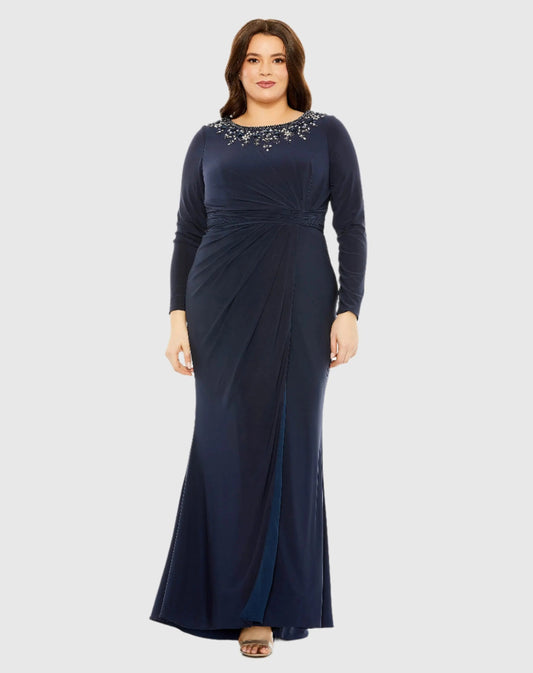 Navy Long Sleeve Embellished Neckline Jersey Gown - FINAL SALE