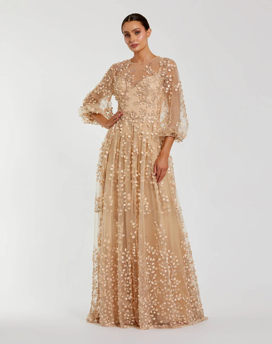 Embroidered Puff Sleeve A-Line Gown