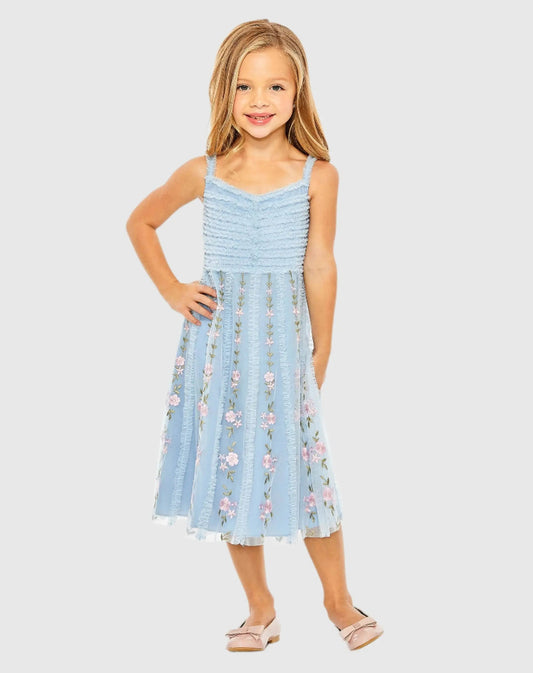 Girls Light Blue Ruffle Floral Embroidered Detail Midi Dress