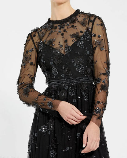 Black Sheer Long Sleeve Embellished Mini Dress