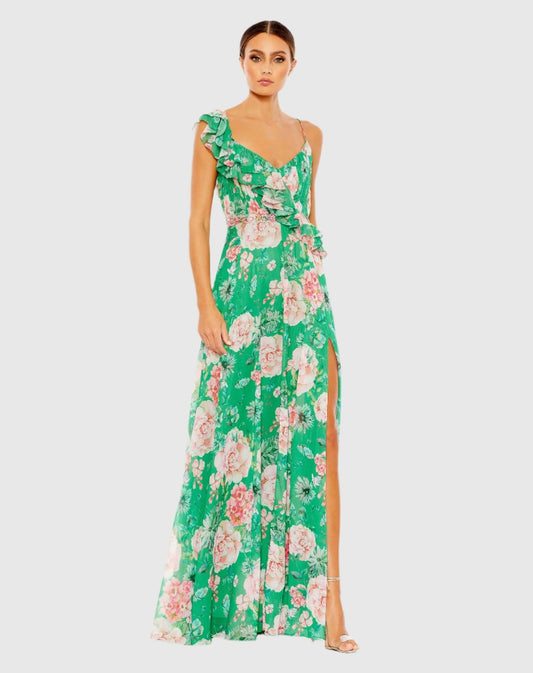 Green Floral Print Ruffled Wrap Over A Line Gown - FINAL SALE