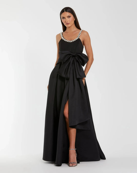 Petite Black Satin Gown With Pearl Neckline and Bow Detail