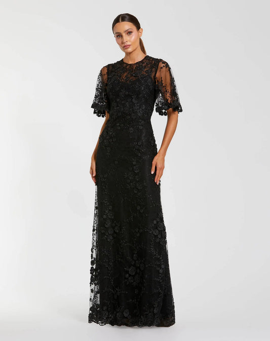 Petite Black Flutter Sleeve Floral Embroidered Net Gown