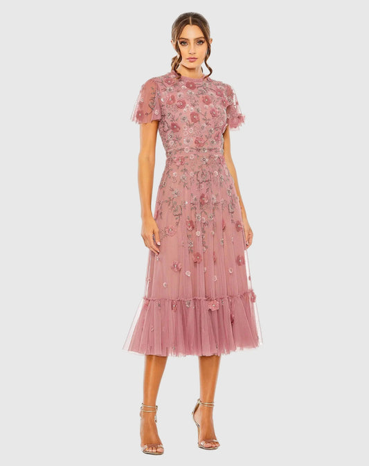 Embellished High Neck Cap Sleeve A Line Dress