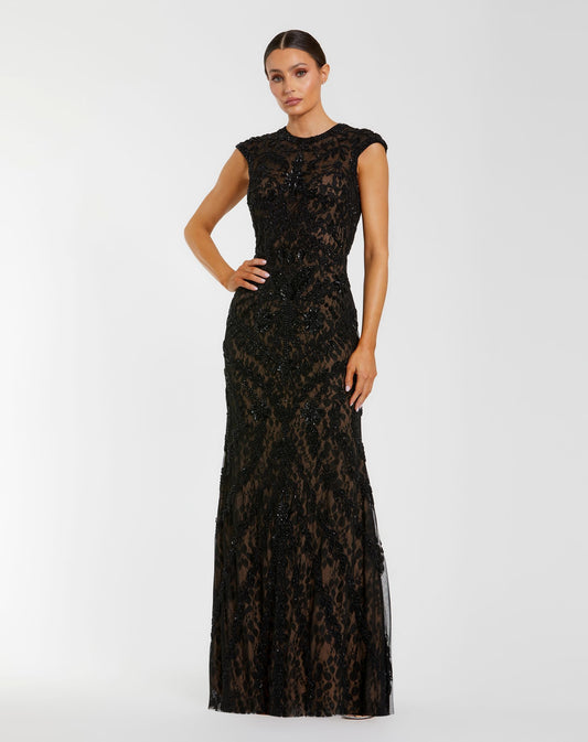 Petite Black Embellished Lace Cap Sleeve Evening Gown