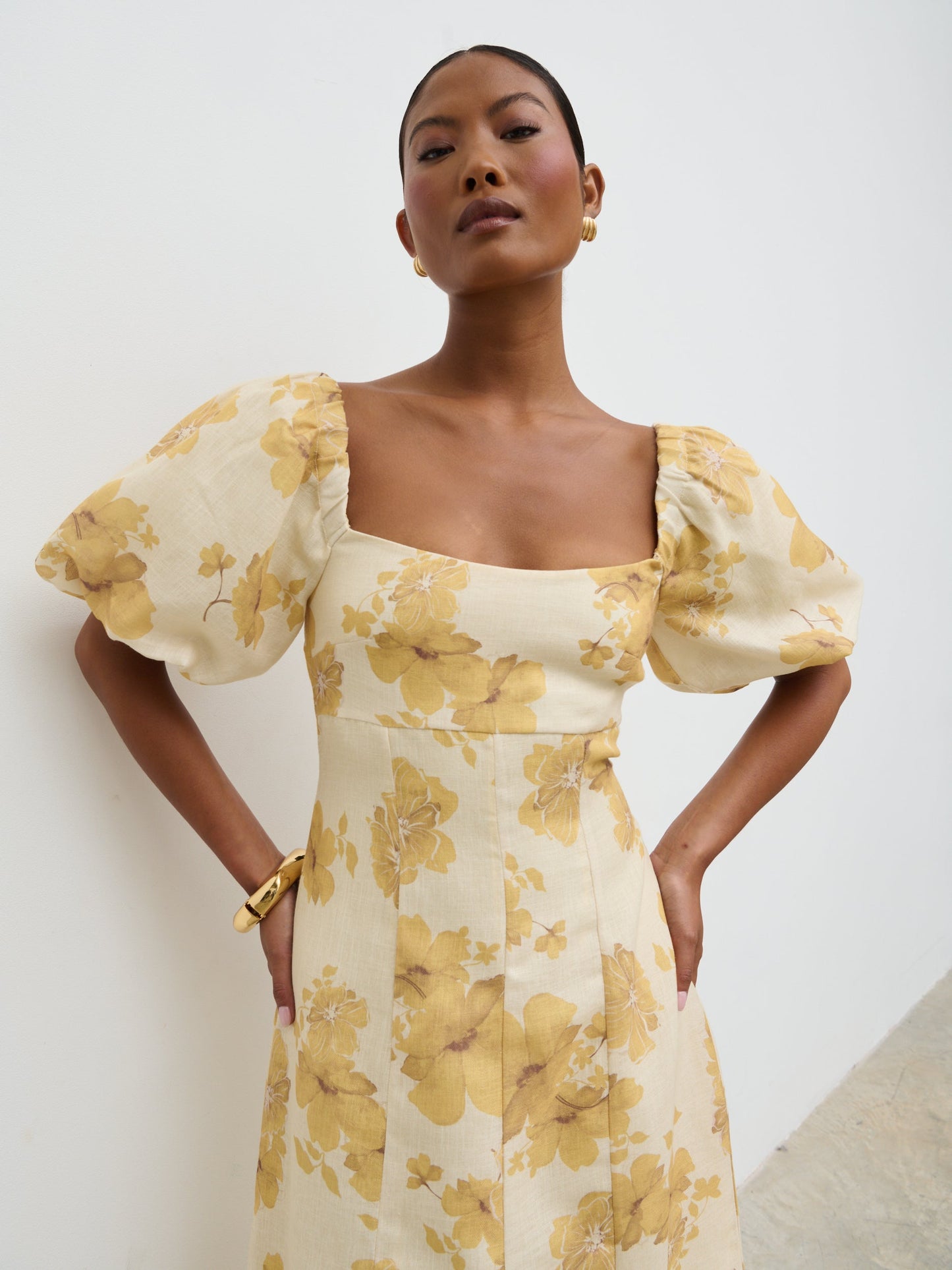 Bette Printed Puff Sleeve Midaxi Dress - Yellow Ochre Floral