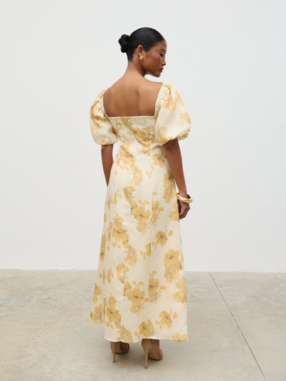 Bette Printed Puff Sleeve Midaxi Dress - Yellow Ochre Floral