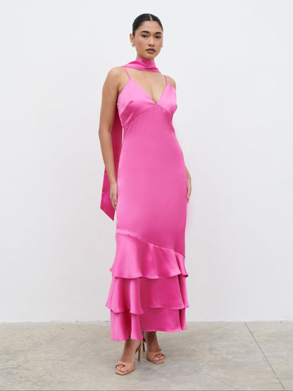 Serita V Neck Tiered Maxi Dress - Fuchsia Satin