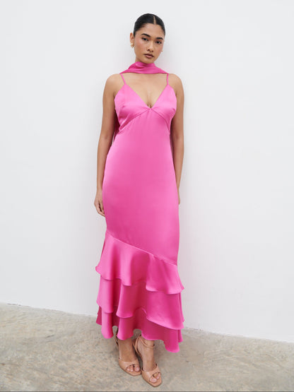 Serita V Neck Tiered Maxi Dress - Fuchsia Satin